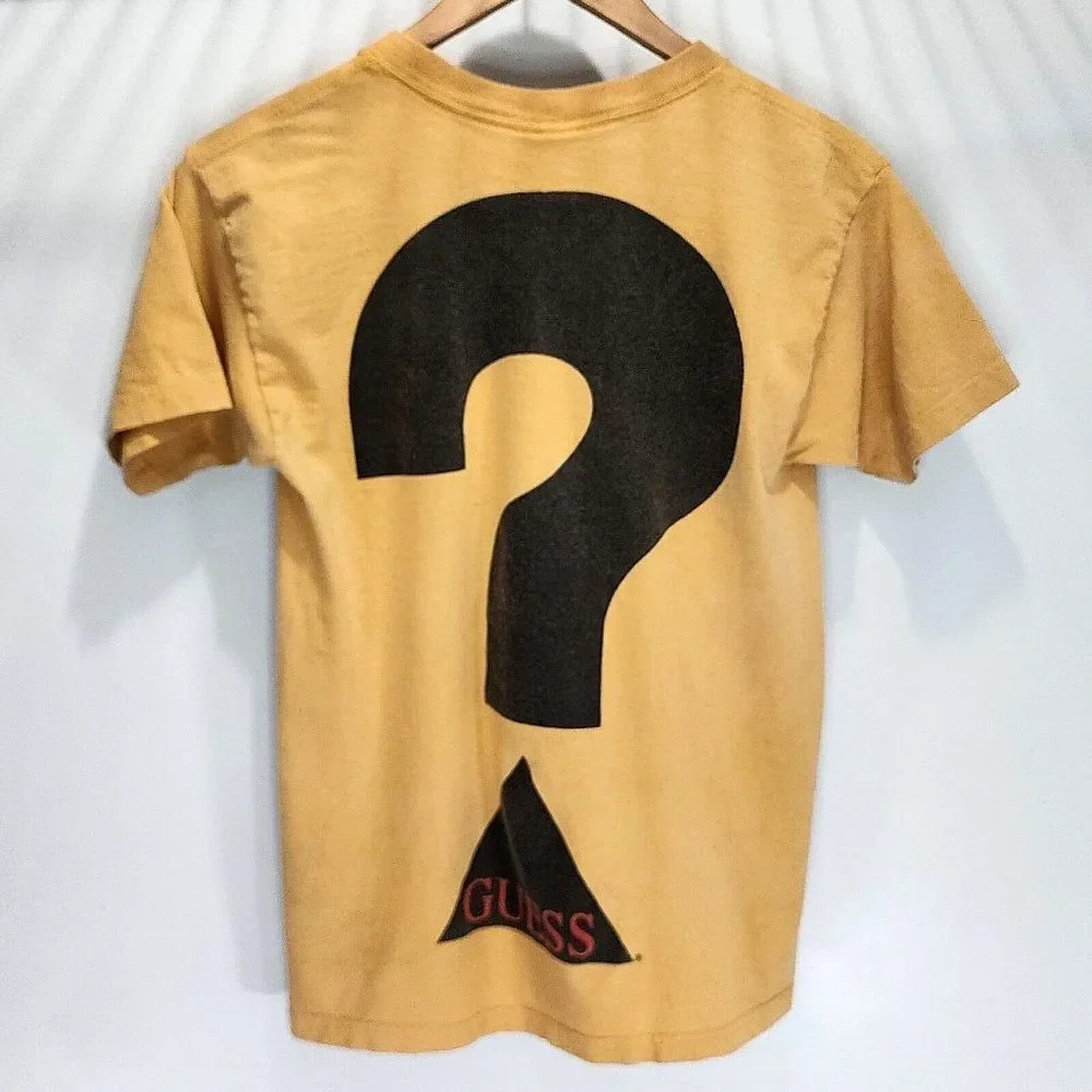 GUESS Vintage Question Mark Shirt Tan Black USA Made Georges Marciand Size Large - Picture 3 of 5
